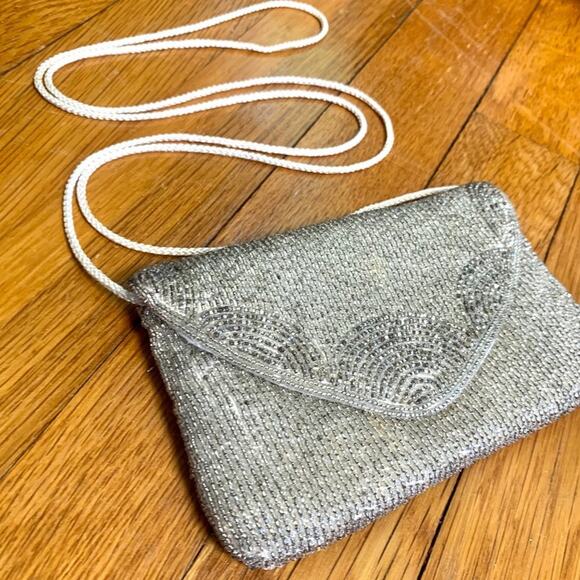 Vintage Andre Cellini Silver Beaded purse with Satin Rope Strap - Picture 7 of 16